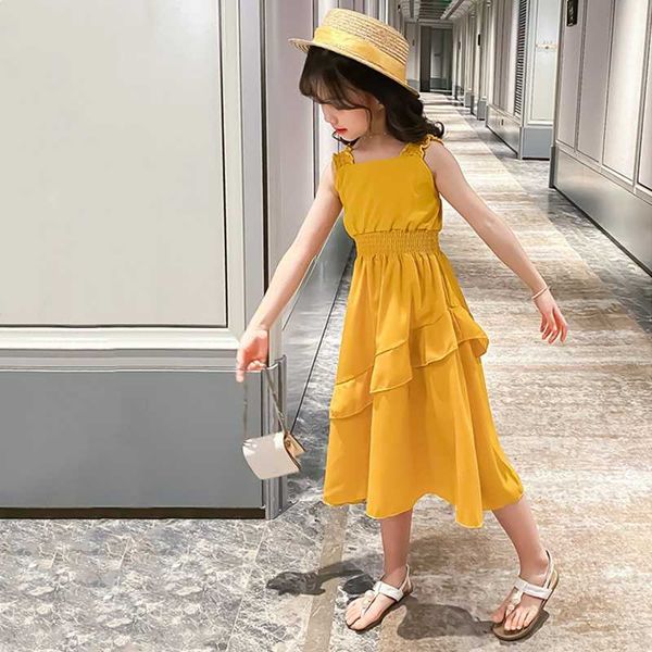 

дети одежда suspender летнее платье подростков девушка тонкая талия нерегулярное ruffled платье принцессы повседневный детские платья для де, Red;yellow