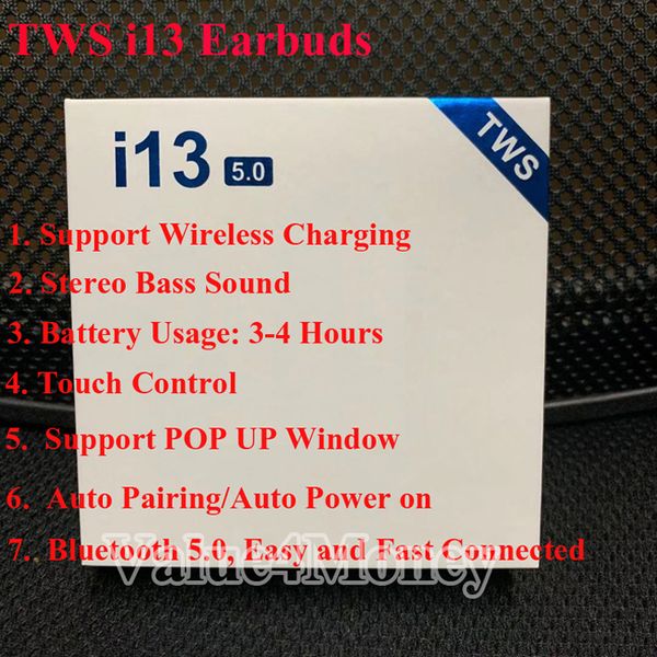 

i13 tws беспроводные наушники airbuds bluetooth 5,0 stereo bass sound наушников гарнитуры поддержка беспроводной зарядки pop up window наушн
