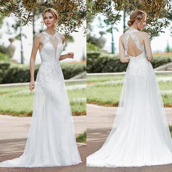 Discount 2020 Country Wedding Dresses A Line Jewel Lace Applique