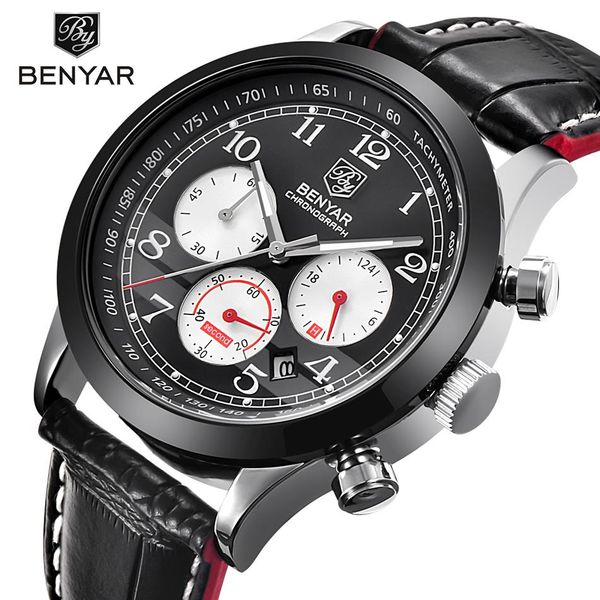 

benyar brand sport waterproof chronograph men watch brand luxury male leather quartz military wrist watch men clock saat, Slivery;brown