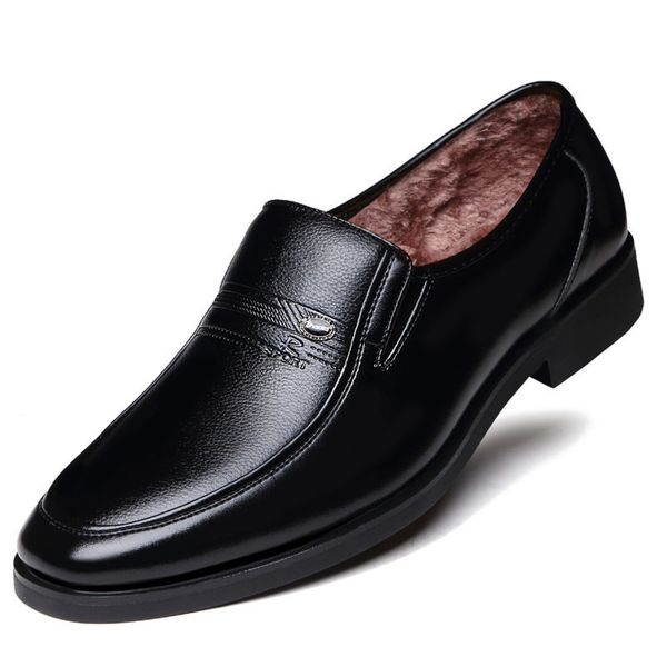 

winter warm with velvet male leather shoes men dress shoes business classic square toe leather shoes men formal footwear slip-on, Black