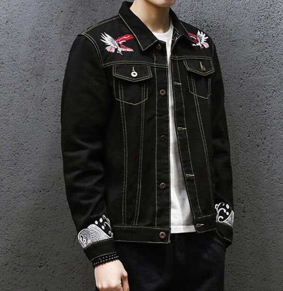 

men's korean version of boutique special personality fashion casual print slim handsome embroidery trend denim jacket in spring autumn, Black;brown