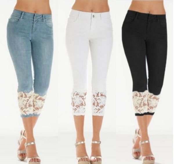

2019 summer new style selling lace women's jeans capri pants, Blue