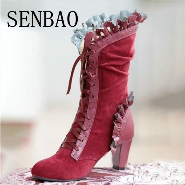 

senbao 2020 bohhemian women leaf boots woman mid-calf high heel casual boots shoes ladies cosplay winter pu leather snow, Black