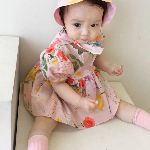 

summer baby girls fashion floral printed birthday dress with cap 2020 infant kids bodysuits cotton clothings, Red;yellow