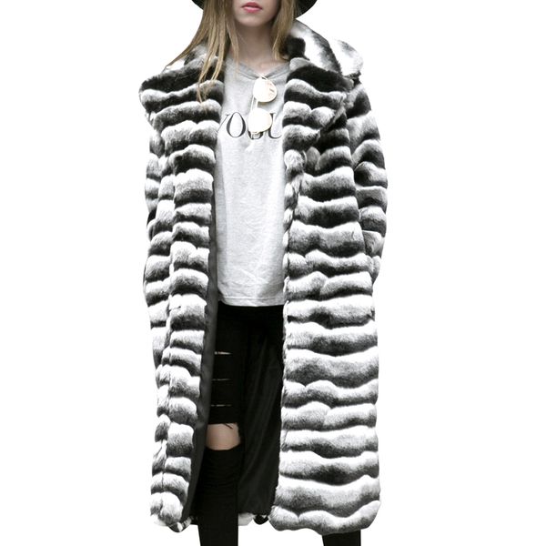 

womens fur coat winter warm black white stripe zebra long turn-down collar lapel thicken warmer slim hairy overcoat 6q1187