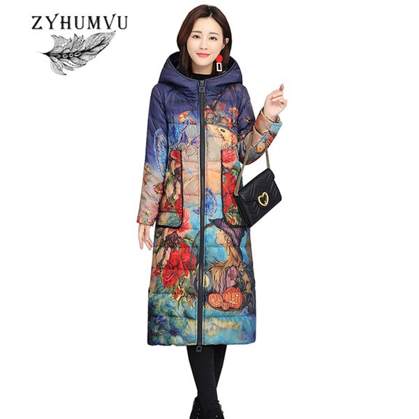 

2018 new lightweight winter down jacket hooded print long outerwear slim plus size 5xl ladies white duck down coats female zy701, Black