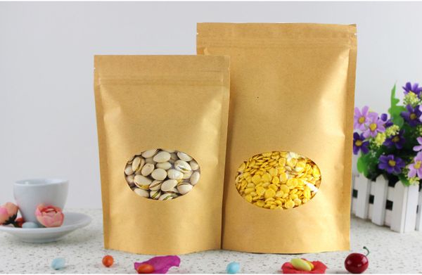 

14*19+4cm 1000pcs stand up clear window brown kraft paper bags with zipper lock for //nut/coffee resealable packaging bag