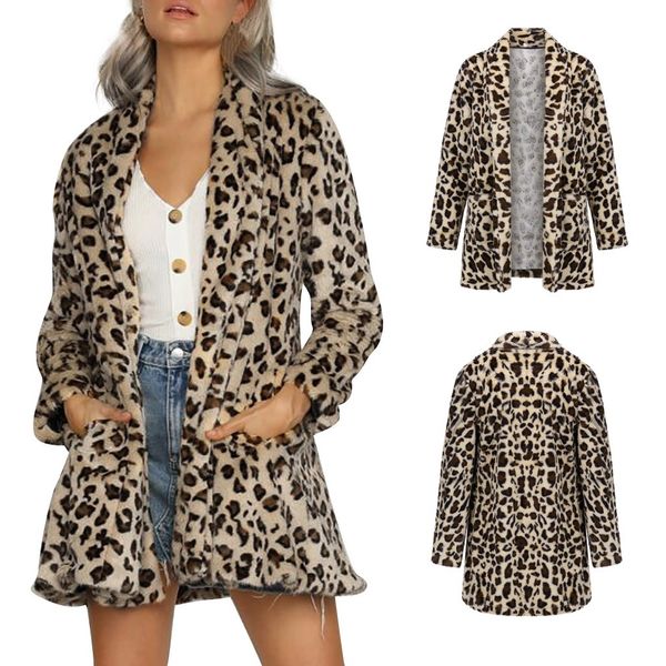 

women casual long sleeve leopard print pocket notched coat top, Black