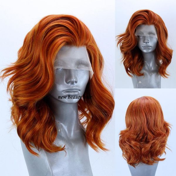 

New Copper Red /auburn Color Short Body Wave Bob Wigs Orange Color Synthetic Lace Front Wig for Women with Free Part, Auburn color like picture show