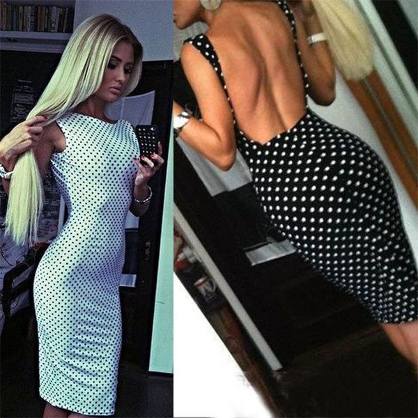 

women summer new fashion o-neck polka dot dress body shapper wedding sleeveless slim halter pencil dress#4m08, Black;gray