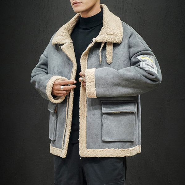 

new 2019 winter jacket men thick flleece men warm parkas fashion turn-down collar pockets mens cargo jackets and coats, Black