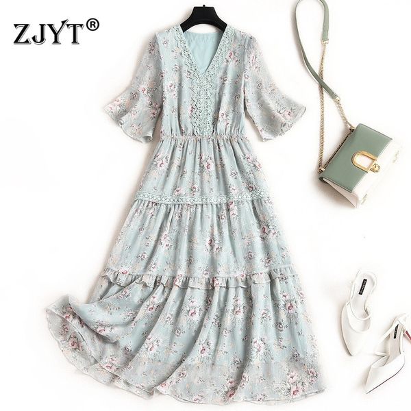 

2020 летняя мода цветочные шифоновое платье женщин элегантный vneck flare рукавом эластичный пояс lace лоскутная aline holiday beach платье, White;black