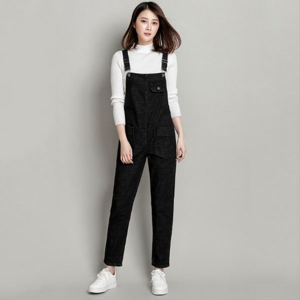 

women jeans jumpsuits loose strap rompers casual long trousers denim overalls fashion suspenders pants black blue plus size 6xl, Black;white