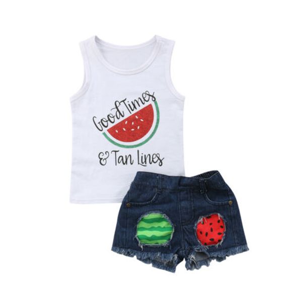 

emmababy 2pcs clothes set kids baby girl watermelon vest +shorts ripped clothes outfits, White