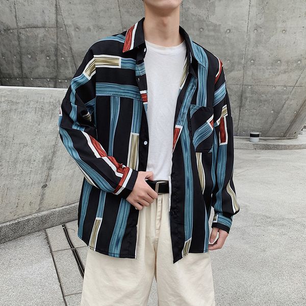 

korean striped shirt men summer hawaiian streetwear modis high street designer men shirt long sleeve multicolor camisa masculina, White;black