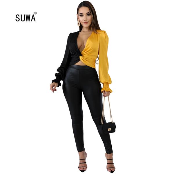 

special design contrast color deep v neck women's wholesale newon spring streetwear women long sleeve shirt femme top, White