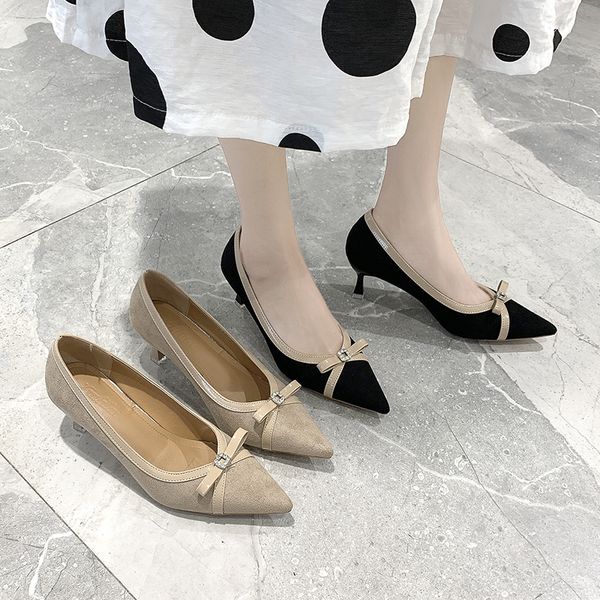 

fashion new spring women's singles shoes solid color non-slip shallow suede bow 6cm professional daily female high heels u28-45, Black