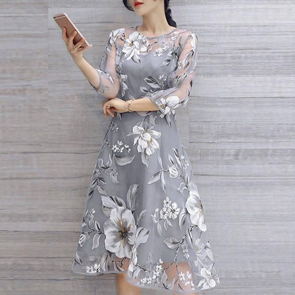 

summer party dress 2018 women organza vintage floral print three quarter sleeve boho dresses elegant dress clothes for women, Black;gray