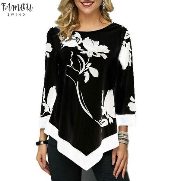 

2020 autumn women irregular plus size floral print 3 4 sleeve tees long sleeve ladies casual loose polyester t shirts, White