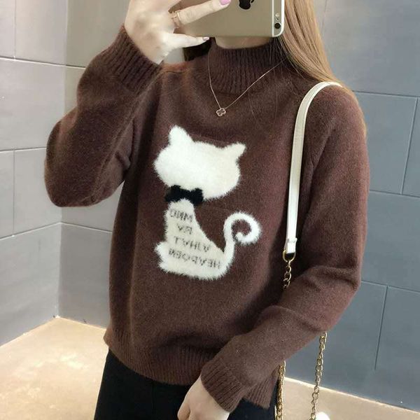 

women cute animal cat print knitted pullover sweater korean style winter turtleneck thick sweaters pull femme fall jumpers q9255, White;black