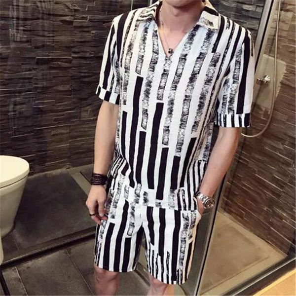 

2020 stripe shirt men ensemble homme survetement homme 2 piece pullover shirt + shorts causal beach set
