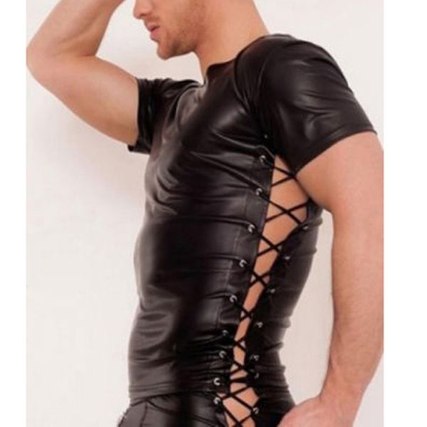 

bandage shirt pu wel look short sleeve mens short sleeve costume, White;black