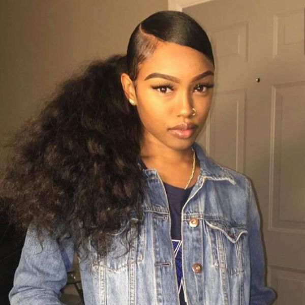 Kinky Curly Ponytails Brazilian Hair With Full End Natural Black