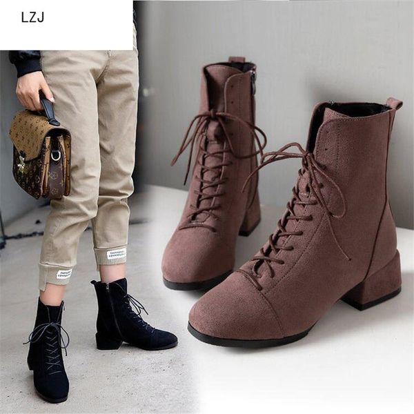 

lzj 2019 winter suede leather warm snow shoes women boots mid-calf plush fur velvet boots female booties woman footwear 35-43, Black