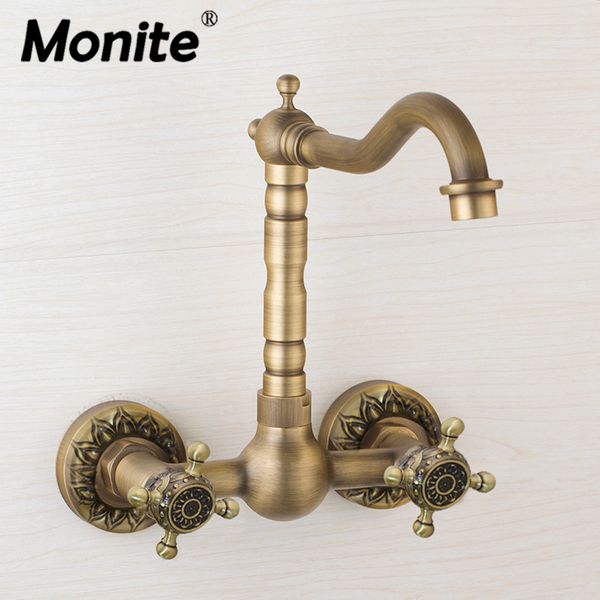 

monite 360 rotated antique brass bathroom basin sink mix tap dual handles bathtub wall mounted kitchen basin sink mixer faucet