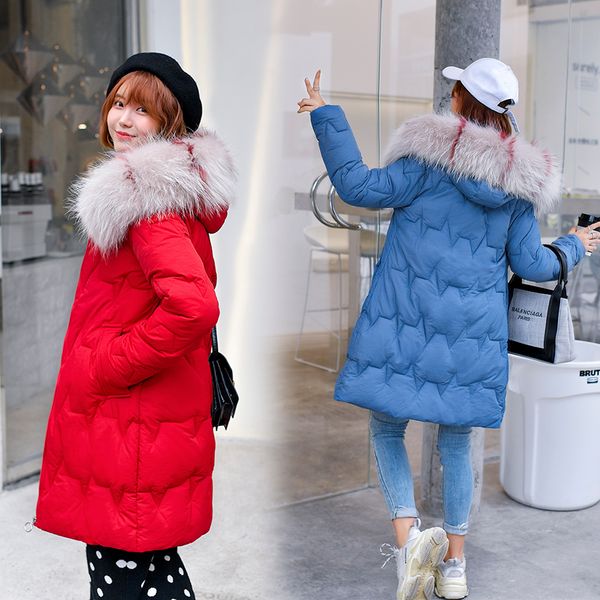 

new women's winter long slim large fur collar down cotton jacket size s-3xl, Black