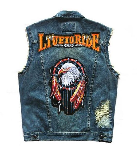 

motorcycle denim vest men's eagle patches design distressed ripped moto biker vests rivet embroidery sleeveless jacket s-5xl, Black;white