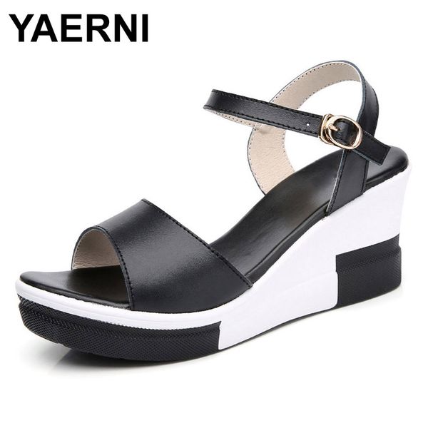

yaerniwomen's platform sandals, genuine leather shoes, white flat shoes, high heels, summer platforme1329, Black