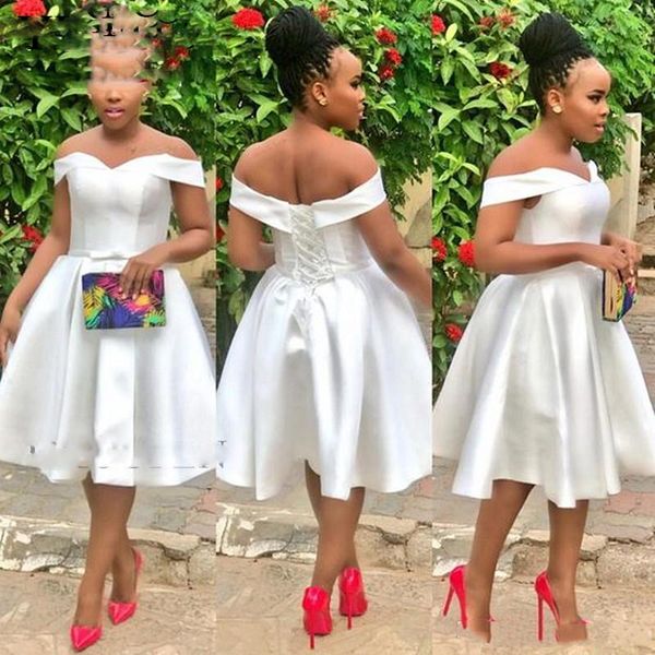 

2019 white satin knee length prom dresses for women off the shoulder short party dress gown, Black