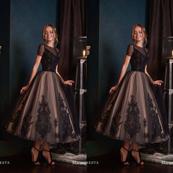 

2020 allegresse black cocktail evening dresses jewel neck a line tulle applique fairy prom dress tea length custom made formal party gowns, Black;red