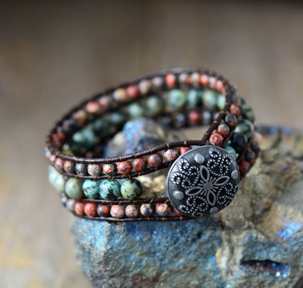 

natural japser vintage leather wrap bracelets wholesale handmade bohemian statement woven bracelet women jewelry, Golden;silver