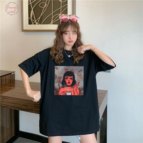 

2020 new angel and devil print casual harajuku fashion t shirt loose womens clothes punk vegan short sleeve t shirt, White