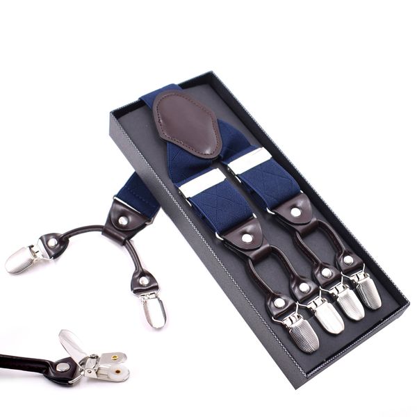 

mens fashion elastic adjustable leather suspenders 6 clips vintage casual braces suspensorio tirante trousers strap bretele blue, Black;white