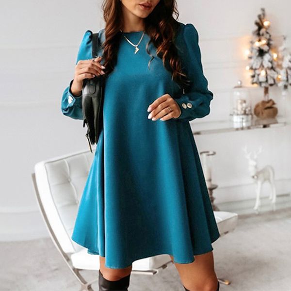 

women's back metal buttons tunic dress plus size o neck long sleeve elegant dresses ladies spring autumn fashion vestidos mujer, Black;gray
