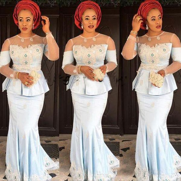 

Sky Blue Mermaid Prom Dresses With Long Sleeve 2019 Glamorous Aso Ebi Party Gowns Lace Applique African Evening Gowns