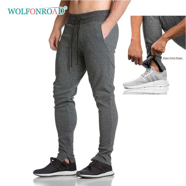 

wolfonroad men's zipper ankle sweatpants skinny joggers running pants man cotton gym tracksuit pants male breathable trousers, Black;blue
