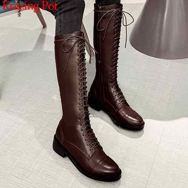 

krazing pot new arrival genuine leather med heels winter round toe keep warm lace up equestrian knee high boots l26, Black