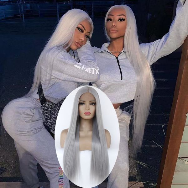 

grey straight hair lace front wig 13*3 glueless synthetic lace wigs heat resistant gray synthetic hair for black white women cosplay wig
