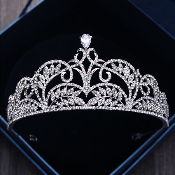 

luxury cubic zircon leaves crown wedding hair accessories crystal bridal crowns headpieces diadem rhinestones pageant prom crown, Golden;white