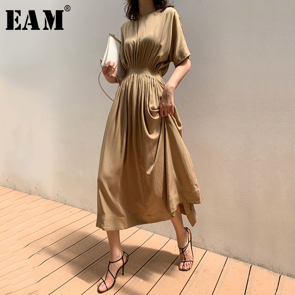 

eam] women brief pleated temperament midi dress new round neck half sleeve loose fit fashion tide spring summer 2020 1t480, Black;gray