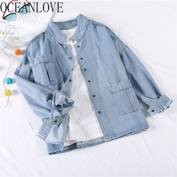 

oceanlove denim jacket solid single breasted 2019 autumn jacket women long sleeve casual fashion pockets chaqueta mujer 12698, Black;brown