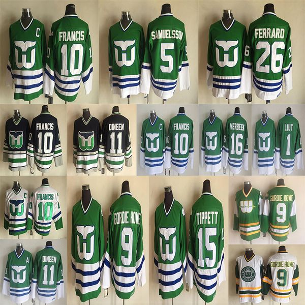 

Hartford Whalers Jersey Men 1 Mike Liut 10 Ron Francis 11 Kevin Dineen 16 Patrick Verbeek Ice Hockey Jerseys Vintage Green White