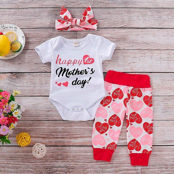 Neugeborenes Baby-Set für Jungen und Mädchen, Happy Mothers Day, Buchstabendruck, Body + Hose + Stirnband mit Schmetterlingsknoten, Outfit, Kleinkind-Kleidungsset