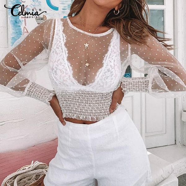 

2020 fashion polka dot blouses women celmia plus size perspective casual long sleeve mesh shirts elegant see-through blusas, White