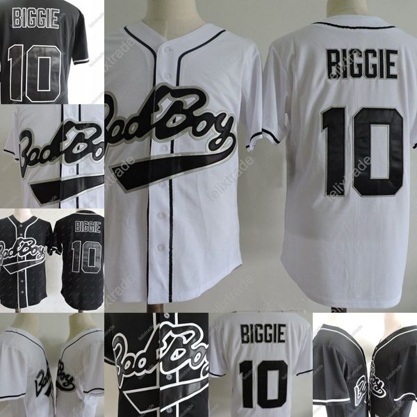 Maglie da baseball Uomo B.I.G. 10 Biggie Smalls Black Jersey The Notorious Movie Bad Boy Bottoni da baseball cuciti bianchi Jersey a buon mercato